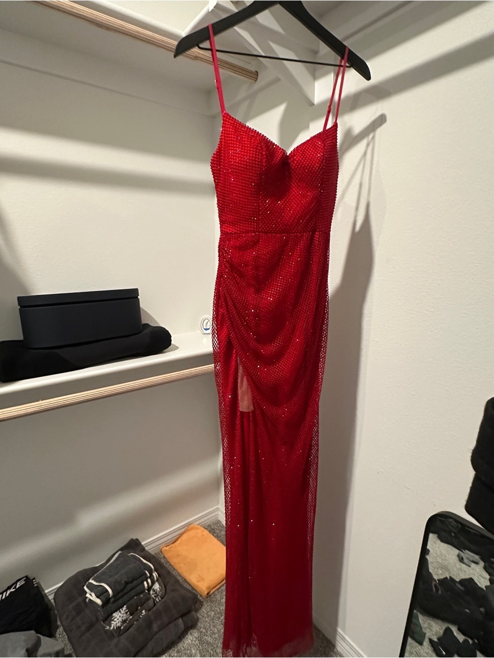 Cinderella Red Sequin Slip Gown with Spaghetti Straps